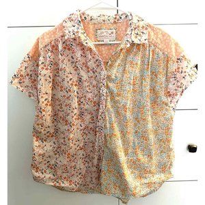 American Eagle Floral Print Blocked Button Up Shirt Pink Orange Medium Summer